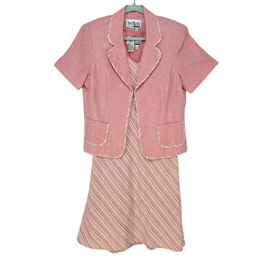 Sheri Martin Pink Linen Blend Striped Dress and Jacket Set Womens 14P Petites